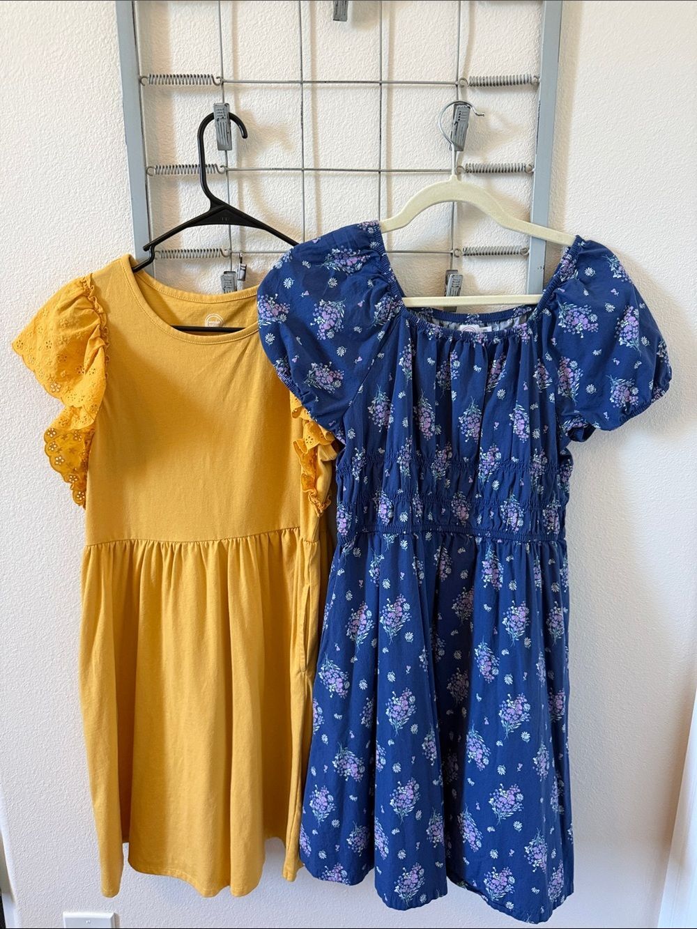 wonder nation Mustard Yellow Eyelet-Sleeve Dress & Navy Floral Puff-Sleeve Dress